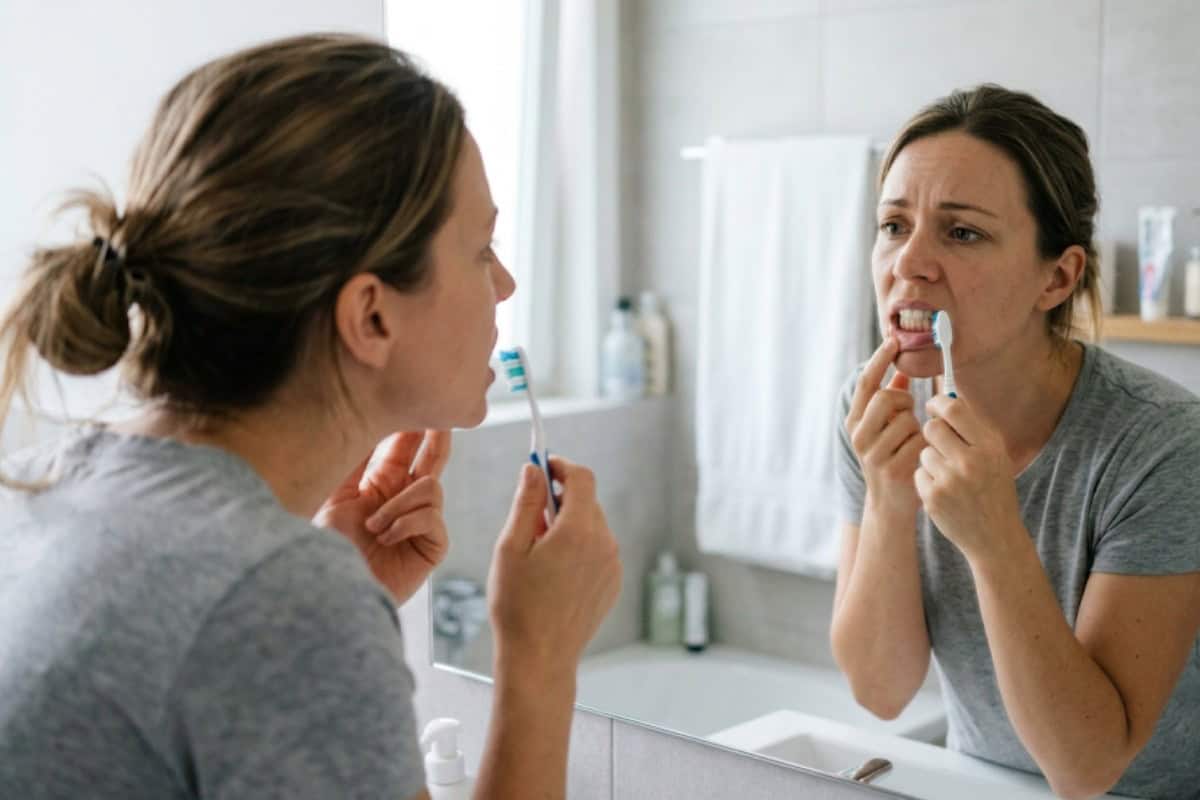 Woman brushing her teeth while looking at herself in a bathroom mirror, holding a toothbrush close to her mouth.