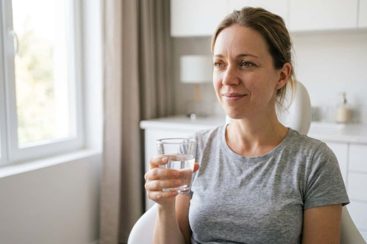 Woman in a gray t‑shirt sits in a bright room, holding a glass of water and smiling softly.
