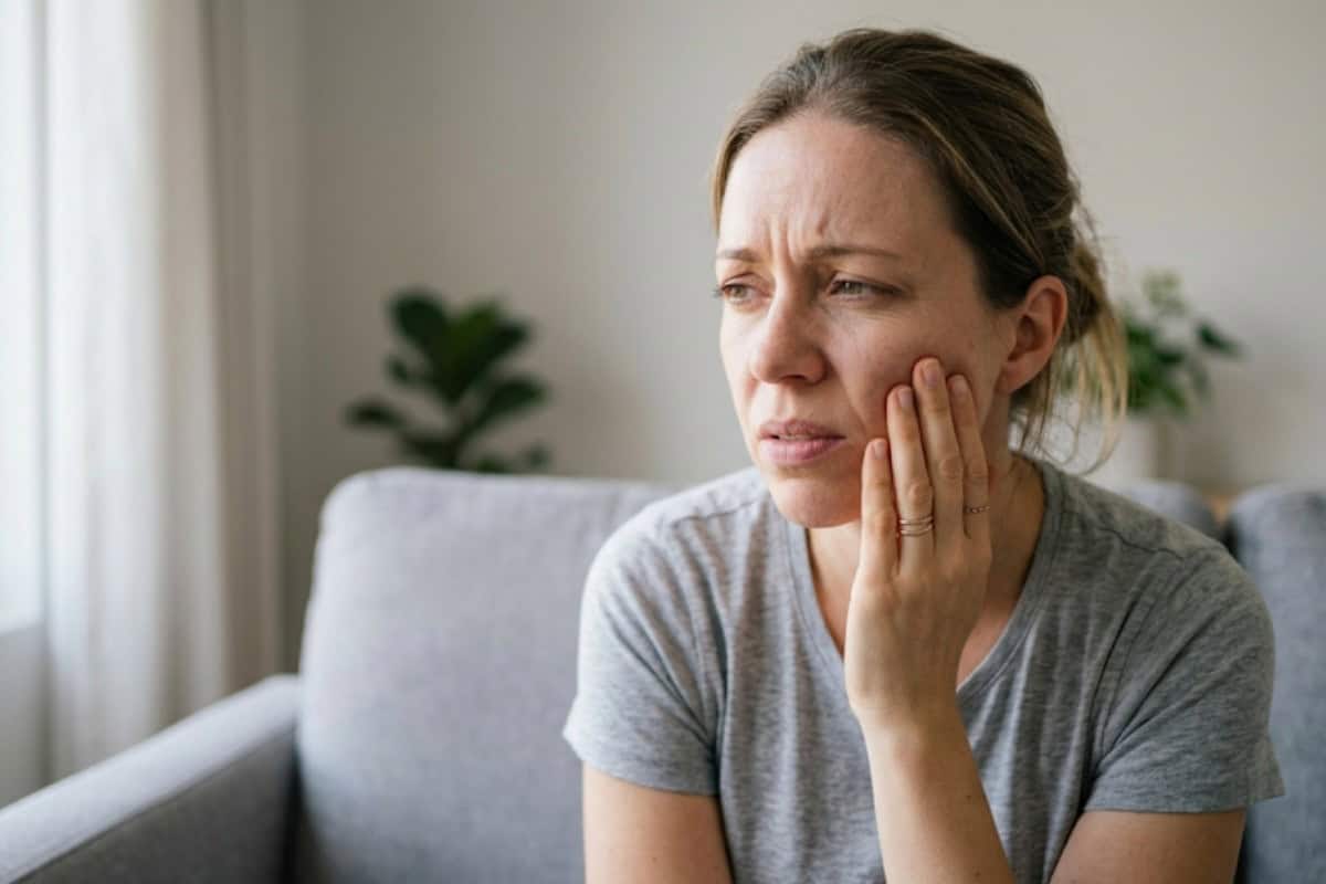 Woman on a gray couch holding her jaw with a pained expression, suggesting tooth or jaw pain at home.