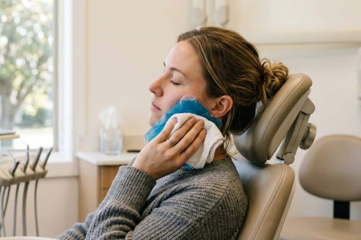 Woman in a dental chair rests with a blue gel ice pack on her cheek, wrapped in a towel, eyes closed.