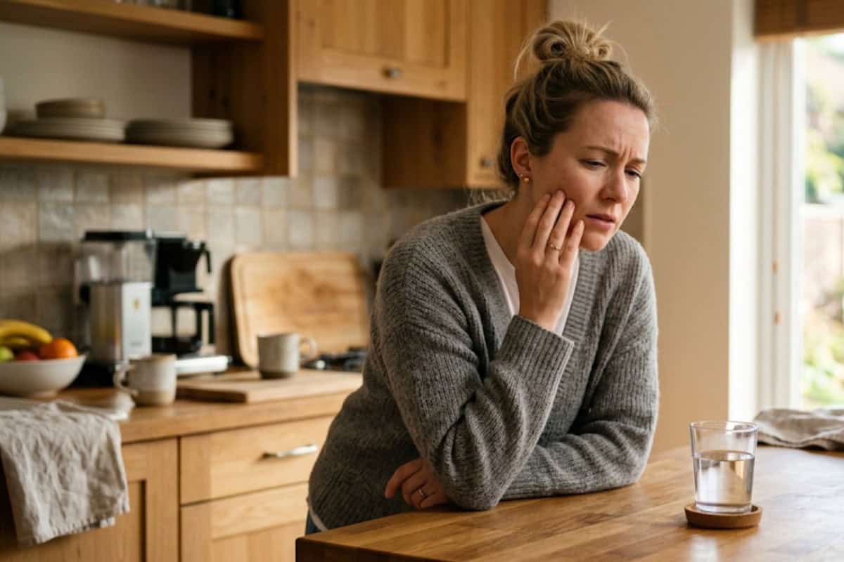 Woman in a cozy kitchen leans on a wooden counter, touching her cheek with a worried expression.
