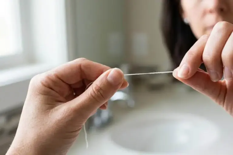 Hands pulling a length of dental floss taut above a bathroom sink.
