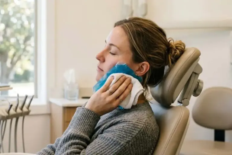 Woman reclined in a chair holding a cold pack against her cheek.