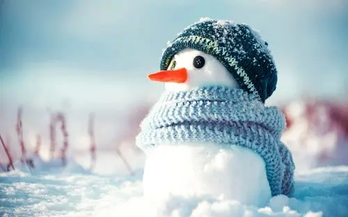 Knitted snowman figure with a hat and scarf standing in the snow.