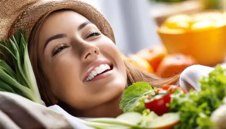 Woman in a sun hat smiling beside a spread of fresh fruit and vegetables.