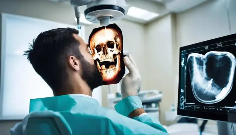 Clinician holding a skull radiograph up to the light beside a viewing screen.
