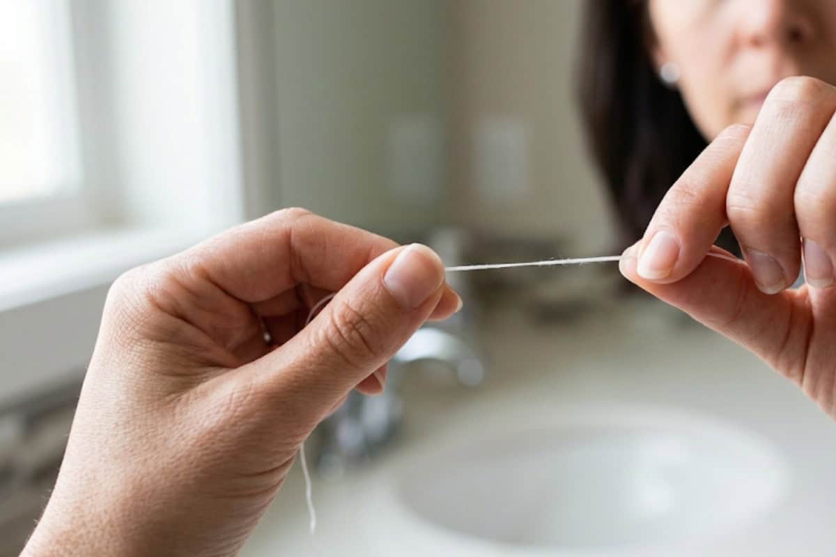 Close-up of hands pulling a thin strand of dental floss between fingers in a bathroom sink area