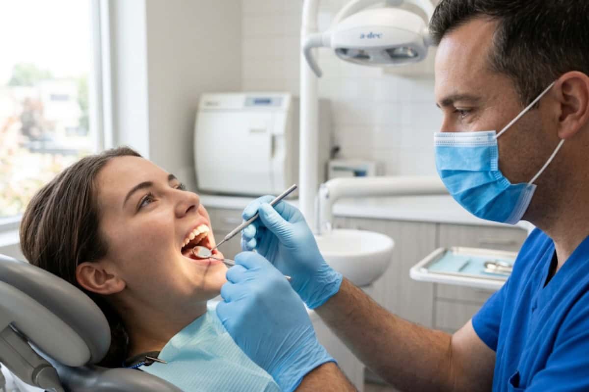 Dentist in a mask and blue gloves performs a dental procedure on a patient in a clinic.