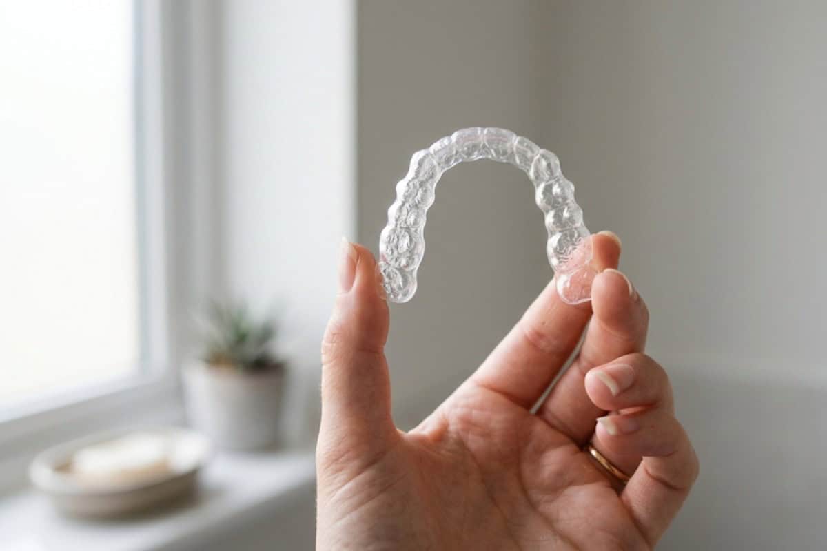 lost-invisalign-tray-broken-arrow - Dentistry For You | Broken Arrow Dentist | Broken Arrow, OK Clear orthodontic aligner held between two fingers for demonstration, with a blurred home background.
