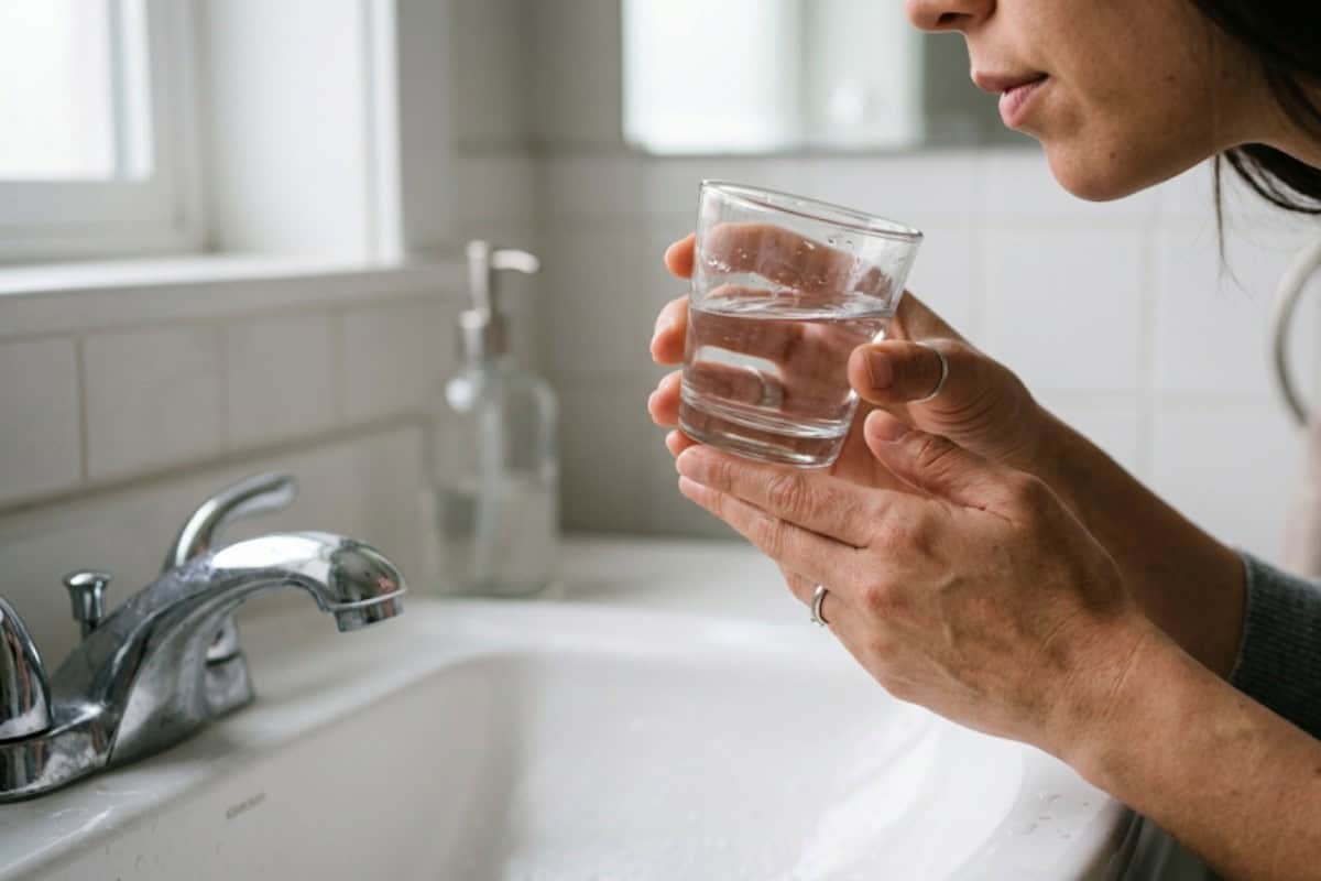 Person holding a glass of water near a kitchen sink, with faucet in the foreground.
