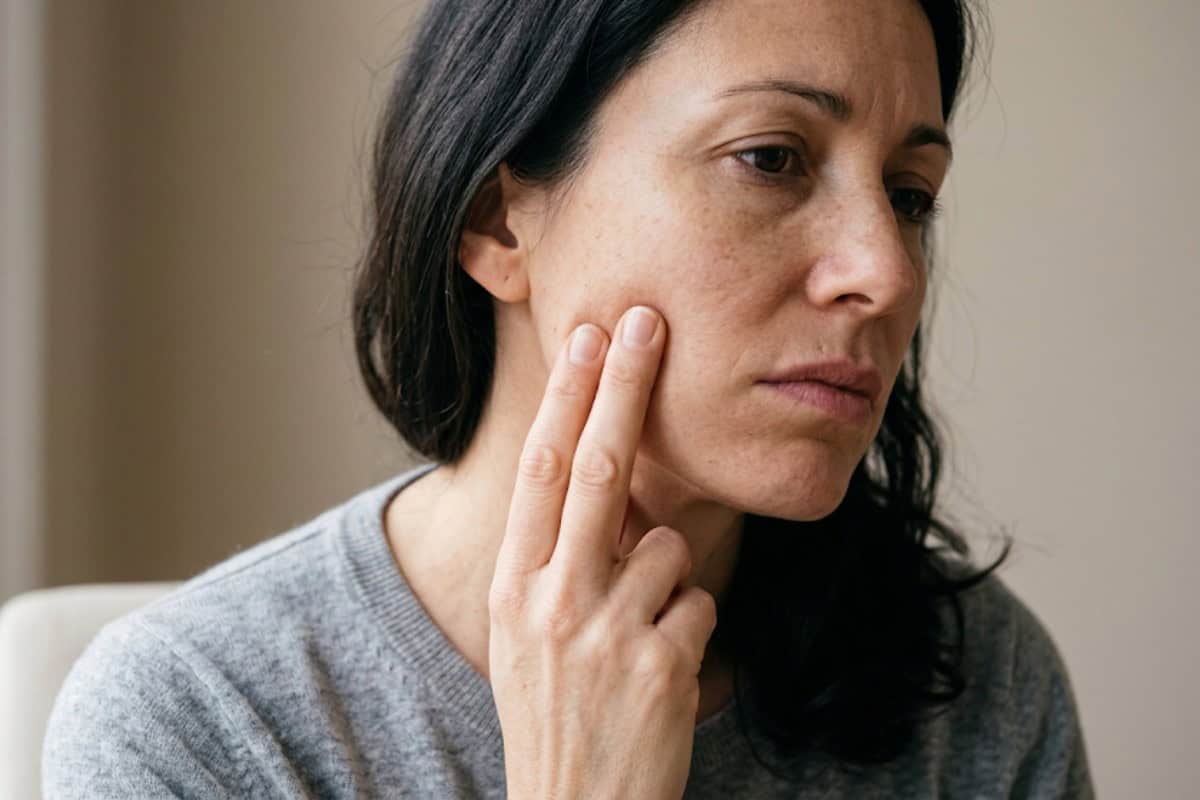 Woman touches her cheek with two fingers, looking pensively to the side while wearing a gray sweater.