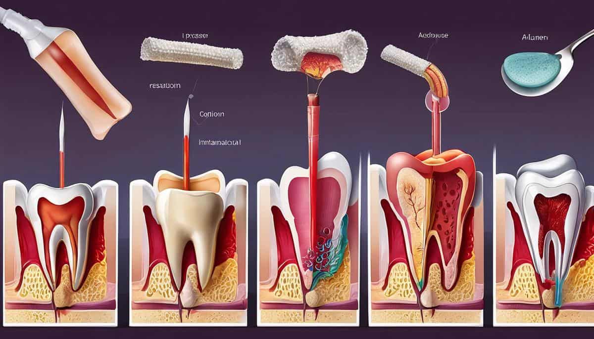 Illustration representing the stages of wound healing after a dental extraction, showing the progression from inflammation to tissue restoration.